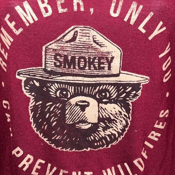 Smokey the Bear T-Shirt Top Size L Maroon Graphic Short Sleeve V-Neck - Picture 2 of 3
